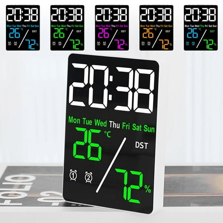 Large Digital Alarm Clock TEMP Humidity Date Week Disply 2 Alarm Electronic Table Clock 3-level Brightness 12/24H DST LED Clock for Desk,Adjustable Brightness with Dual Alarms