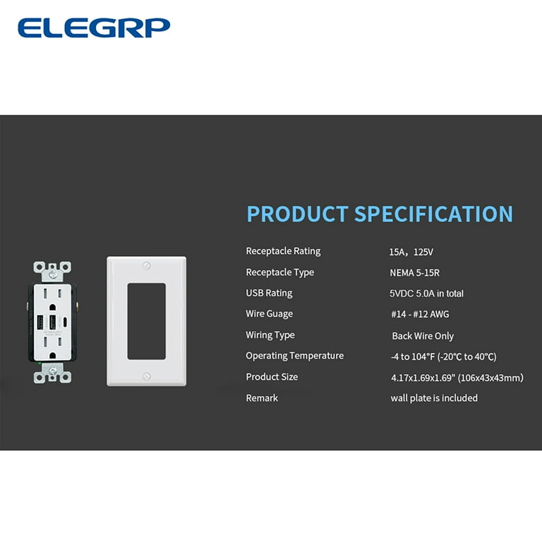 elegrp ELEGRP (6 Pack, White) 4.0 Amp Type A USB Outlet, 20 Amp