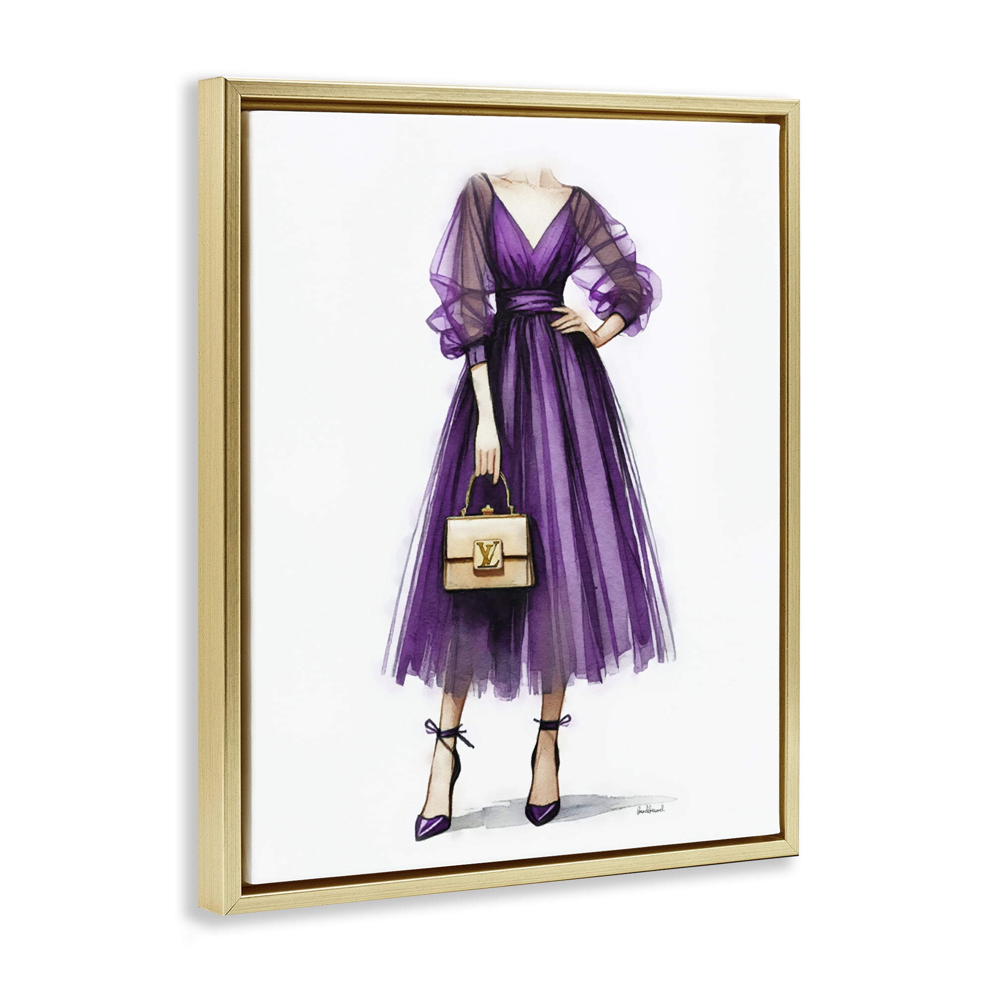 Stupell Industries Purple Glam Dress Fashion Painting Gold Floater Framed Canvas Art Print Wall Art, 17 x 21