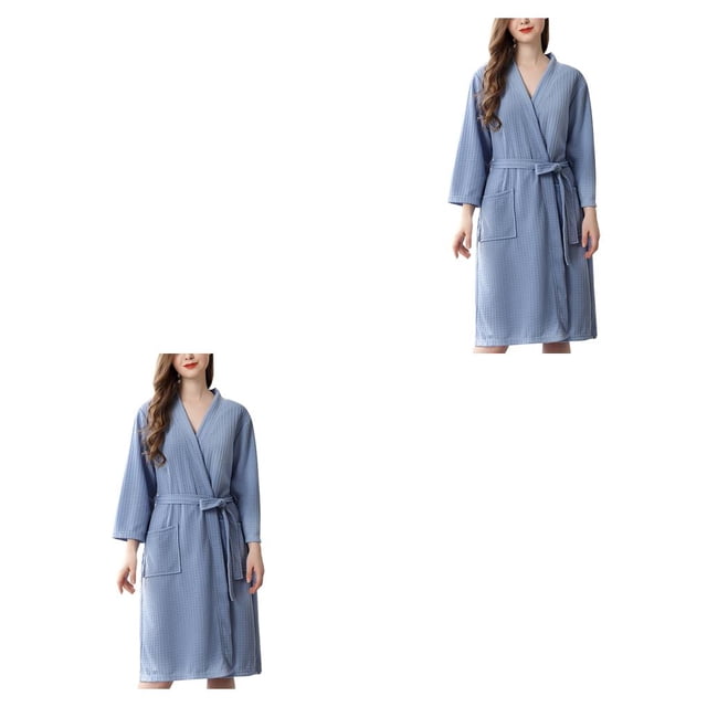 bedienty Peignoir Femme Absorbant l'Eau Peignoir Gaufré Uni Robe de Spa Maison Robe de Nuit Bleu TG 2Ensemble