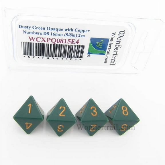 Dusty Green Opaque Dice with Copper Numbers D8 Aprox 16mm (5/8in) Pack of 4 Wondertrail