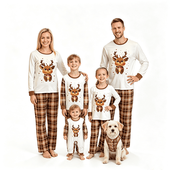 RUINIXCW Family Christmas Pajamas Matching Set Christmas Jammies Holiday Outfit Xmas PJS Set Sleepwear Long Sleeve Reindeer Printed Tops Plaid Pants Set