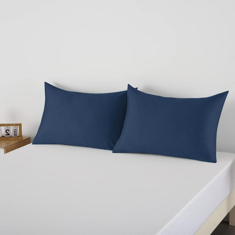 Set Of 4 Queen Size Pillow Protectors - 100% Egyptian Cotton, 400 Thread Count, Cooling & Quiet, Navy Blue Striped