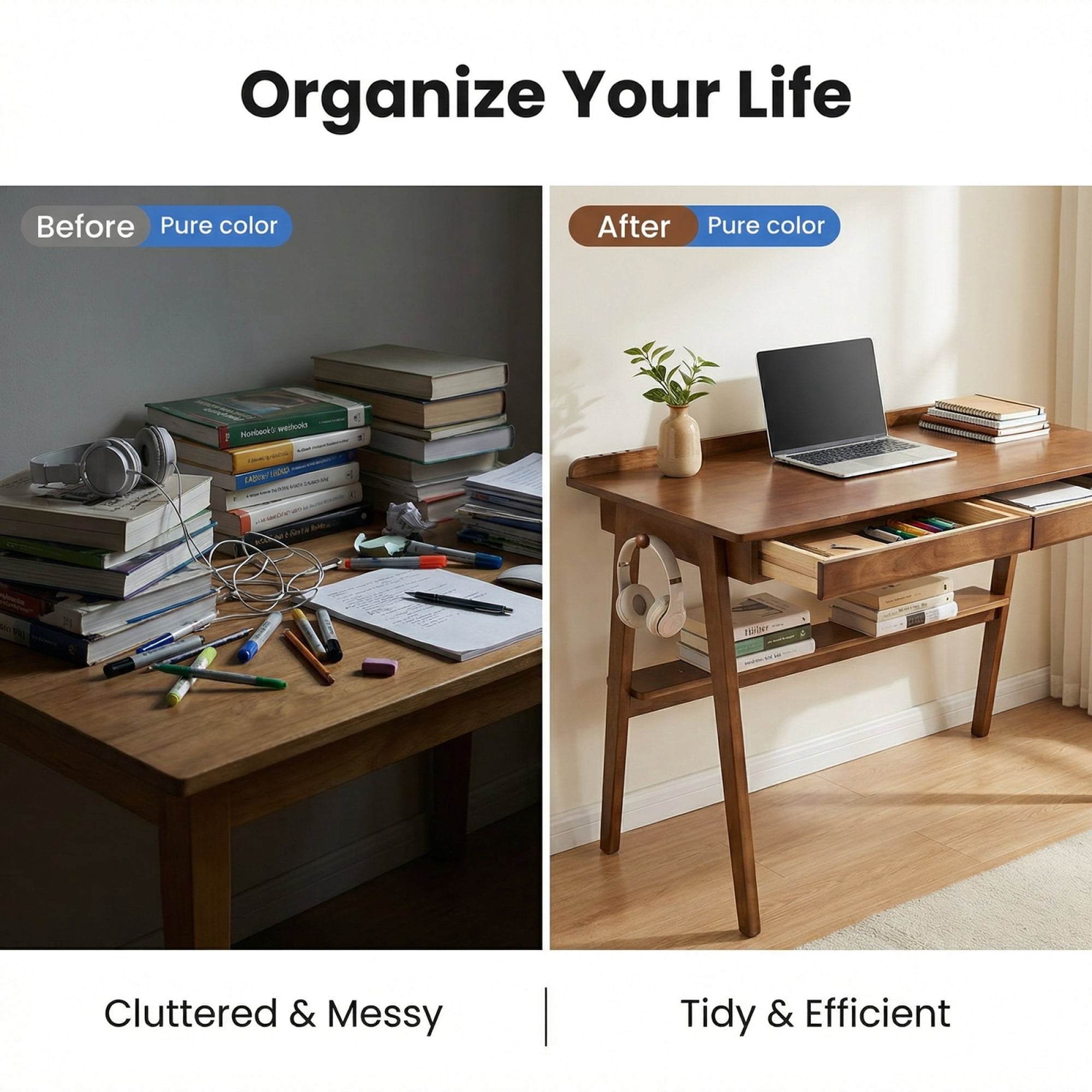 Leumius Solid Wood Writing Desk, Home Office Desk for Small Spaces, Mid Century Modern Desks with 2 Drawers and Storage Shelf, Standing Desk with Side Hooks for Study Bedroom Office Walnut
