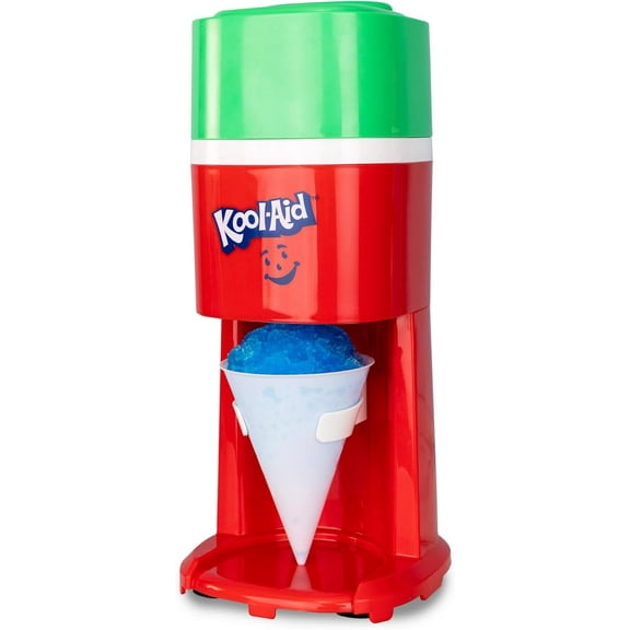 Kool-Aid Electric Snow Cone Maker 64-Ounce Ice Shaving Capacity, Stainless Steel Cutting Blades and Safety Ice Press, 4 Reusable Cones, Side Shelves, and Scoop Included - Pink and Green