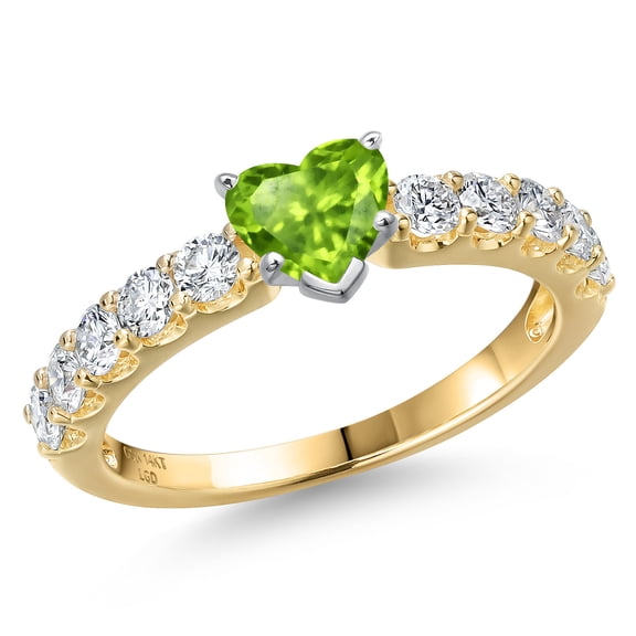 Gem Stone King 14K Two Tone Gold Green Peridot and Lab Grown Diamond Engagement Ring for Women | 1.15 Cttw | Heart Shape 5MM | Gemstone August Birthstone | Size 8