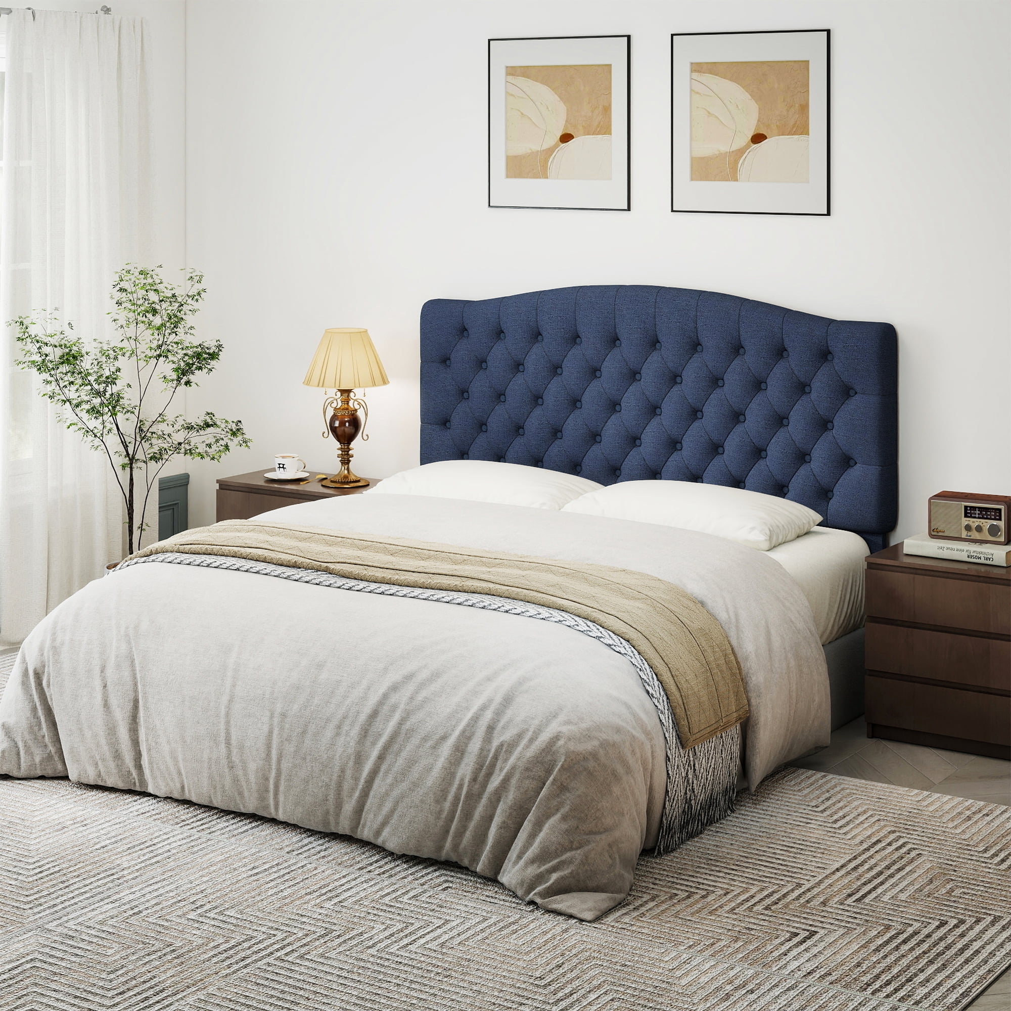 Queen Headboard Wall Mount & Bed Frame Compatible, Linen Upholstered Button Tufted, Navy Blue