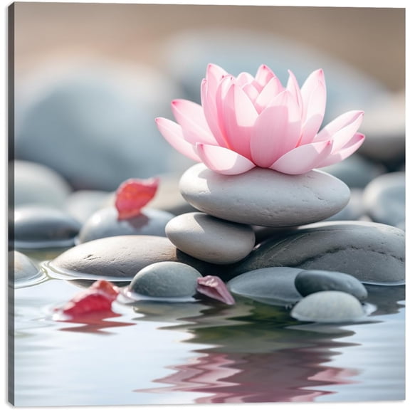 Zen Canvas Wall Art, Blooming Flower on Stone Painting Picture Nature Meditation Still Life Poster Print for Bathroom Yoga Meditation Spa Room Decor(Artwork-02, 12"x12")