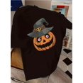 thumbnail image 1 of Halloween T-shirt - Halloween Pumpkin Witch Hat Graphic T-Shirt - Unisex Casual Short Sleeve Tee for Children & Children, White with Black Witch Hat & Pumpkin Design, Round Neck Summer Top, 1 of 6