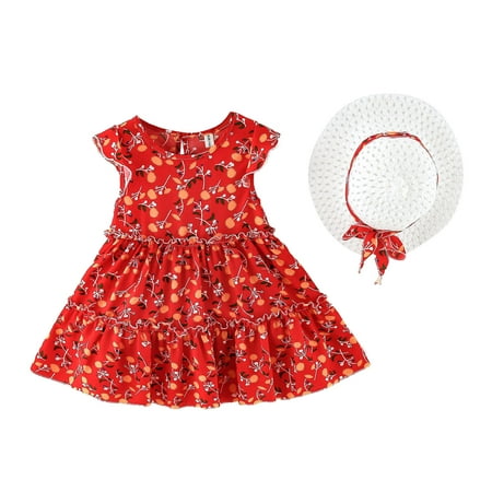 

DNDKILG Infant Baby Toddler Child Children Kids Sleeveless Floral Dress for Girls Summer Dresses Flutter Sleeve Sundress Red 2Y-6Y