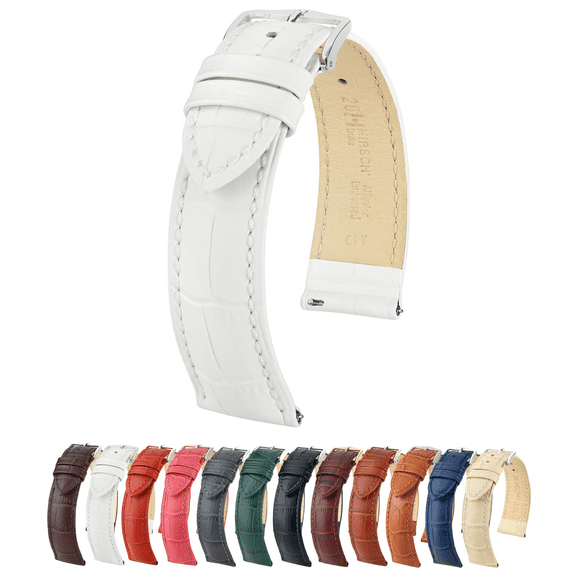 Hirsch Duke Alligator-Design Leather Watch Strap - White - L - 18mm - Silver Buckle
