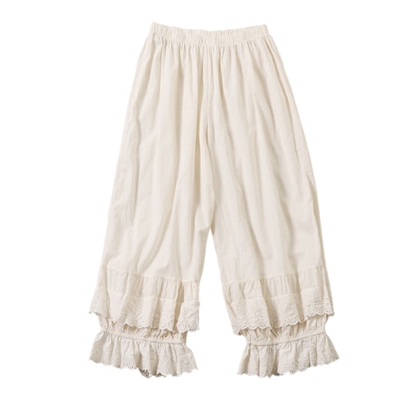 Womens Under Dress Wide Leg Pants Elastic Waist Layered Ruffle Lace Trim Pettipants Slip Culotte Loose Fit Long Bloomers