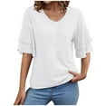 thumbnail image 2 of Womens T Shirts Summer Tops 2025 Solid Color V-Neck Double Layer Flared Mid Sleeve Loose Tees Tshirts Shirts for Women, 2 of 5