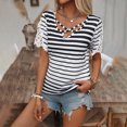 thumbnail image 3 of Blusas de Verano Ligeras para Mujeres Cuello en V de Manga Corta a Rayas con Encaje Costura, Top de Moda Casual para el Uso Diario, 3 of 7