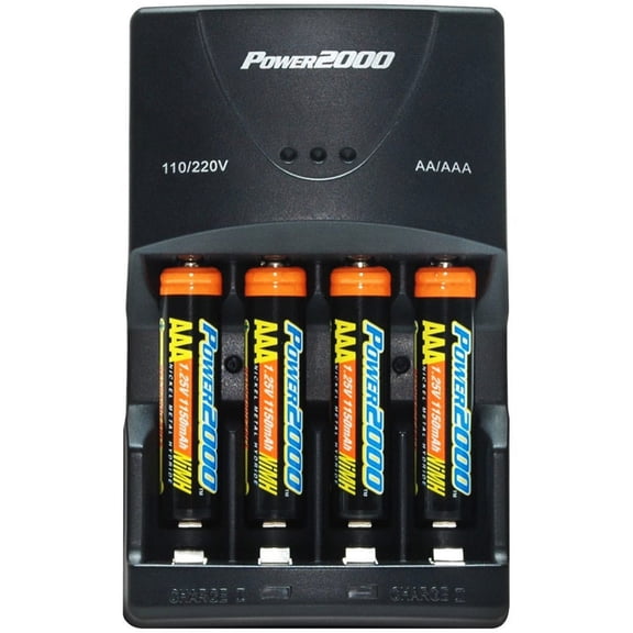 Power2000 4 AAA Nickel Metal Hydride (NiMH) 1000mAh Rechargeable Batteries with 110/220V Rapid Battery Charger