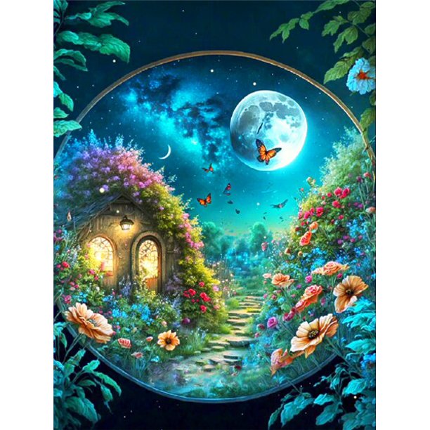 New 5D DIY Diamond Painting Moon House Tree Flower Fantasy Landscape Mosaic Diamond Embroidery Cross Stitch Full H73square 45x60cm Gao Jinjia LED