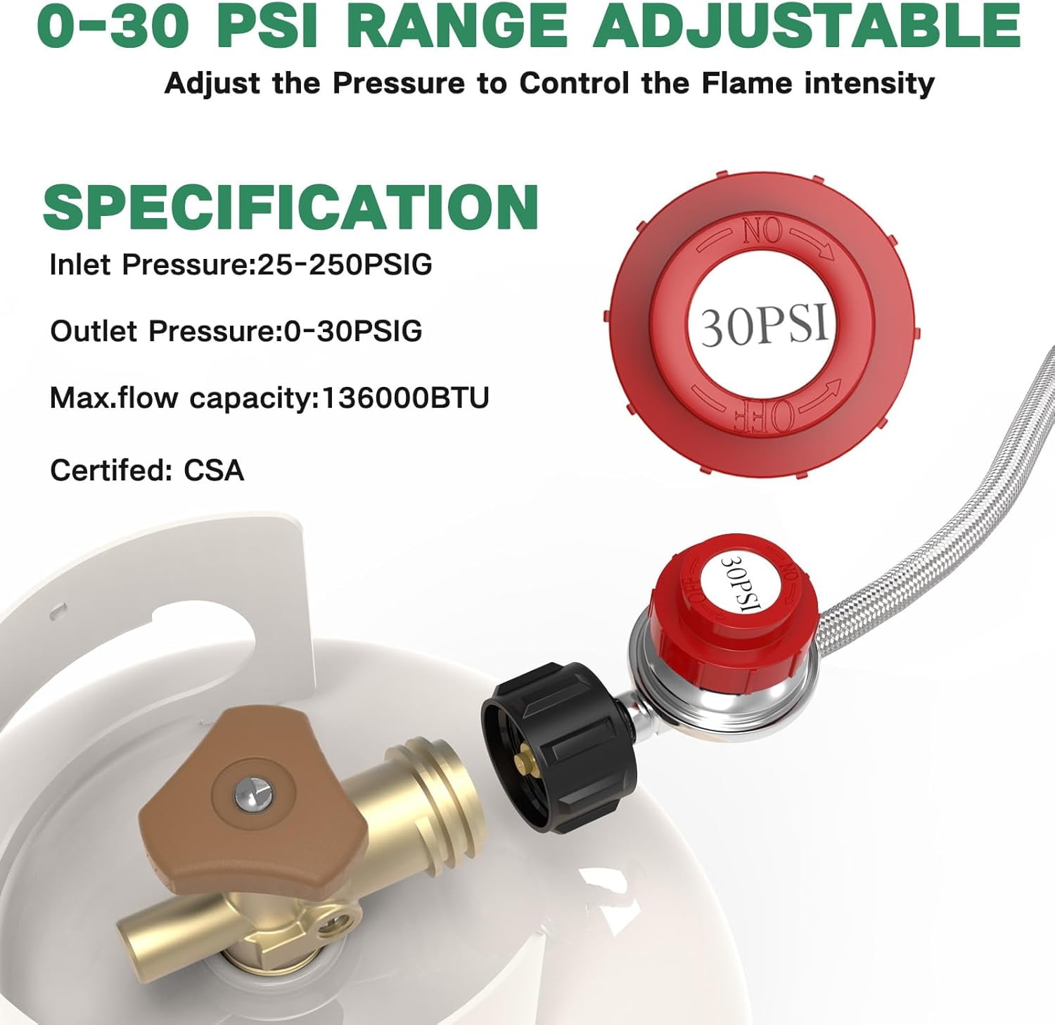 4FT 0-30 PSI Adjustable High Pressure Propane Regulator 30 psi Regulator Stainless Braided Propane Hose QCC1/Type1 Hose with 3/8 Flare x 1/8 MNPT Fits for LP Gas Cooker, Burner, Turkey Fryer, Smoker