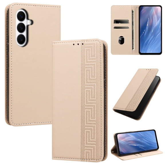 Magnetic PU Leather Wallet Case for Samsung Galaxy S26, RFID Blocking Flip Phone Cover with Wrist Strap Card Slots Cash Pocket Kickstand Full Body Protection for Samsung Galaxy S26, Beige