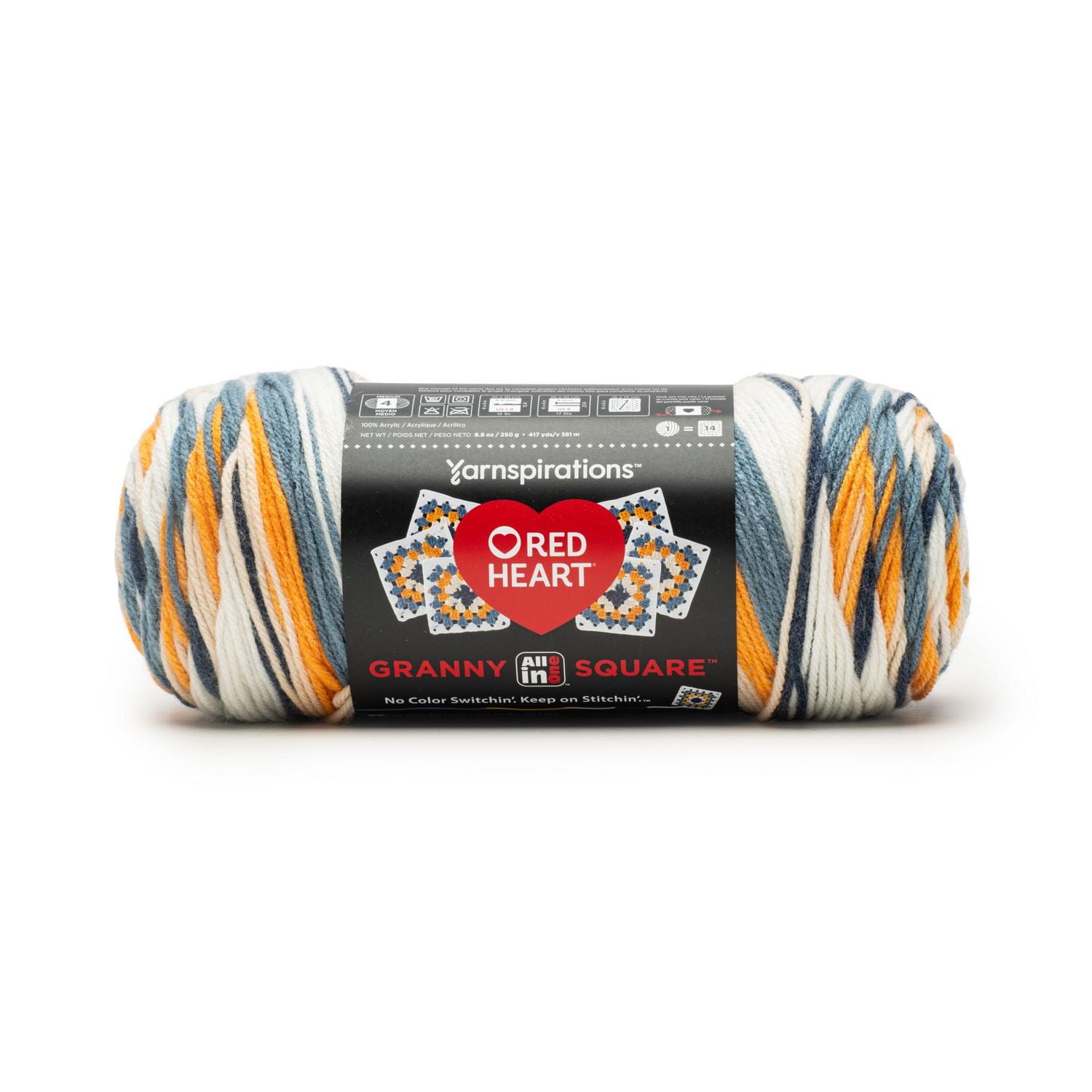 Red Heart® All In One Granny Square™ #4 Worsted (Medium) Acrylic Yarn 8.8oz/250g 417 Yards, Designed to crochet 5 granny squares in 1 ball.