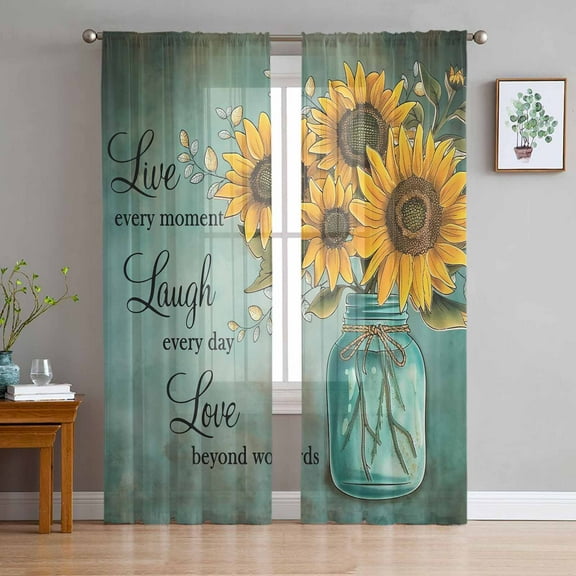Vintage Sunflower Semi Sheer Curtains 84 Inch Length 2 Panels Set, Teal Retro Summer Botanical Floral Sheer Kitchen Curtain Privacy Voile Window Curtain for Living Room Bedroom Rod Pocket Drapes