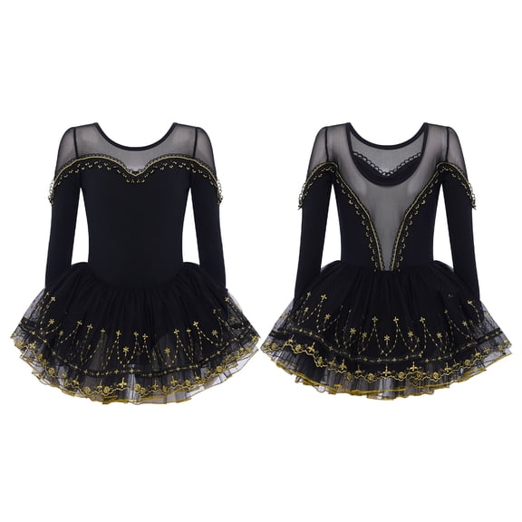 Doomiva Kids Girls Shiny Mesh Splice Long Sleeve Ballet Tutu Dance Dress Sparkle Lace Trim Swan Lake Ballerina Dancewear Black 110