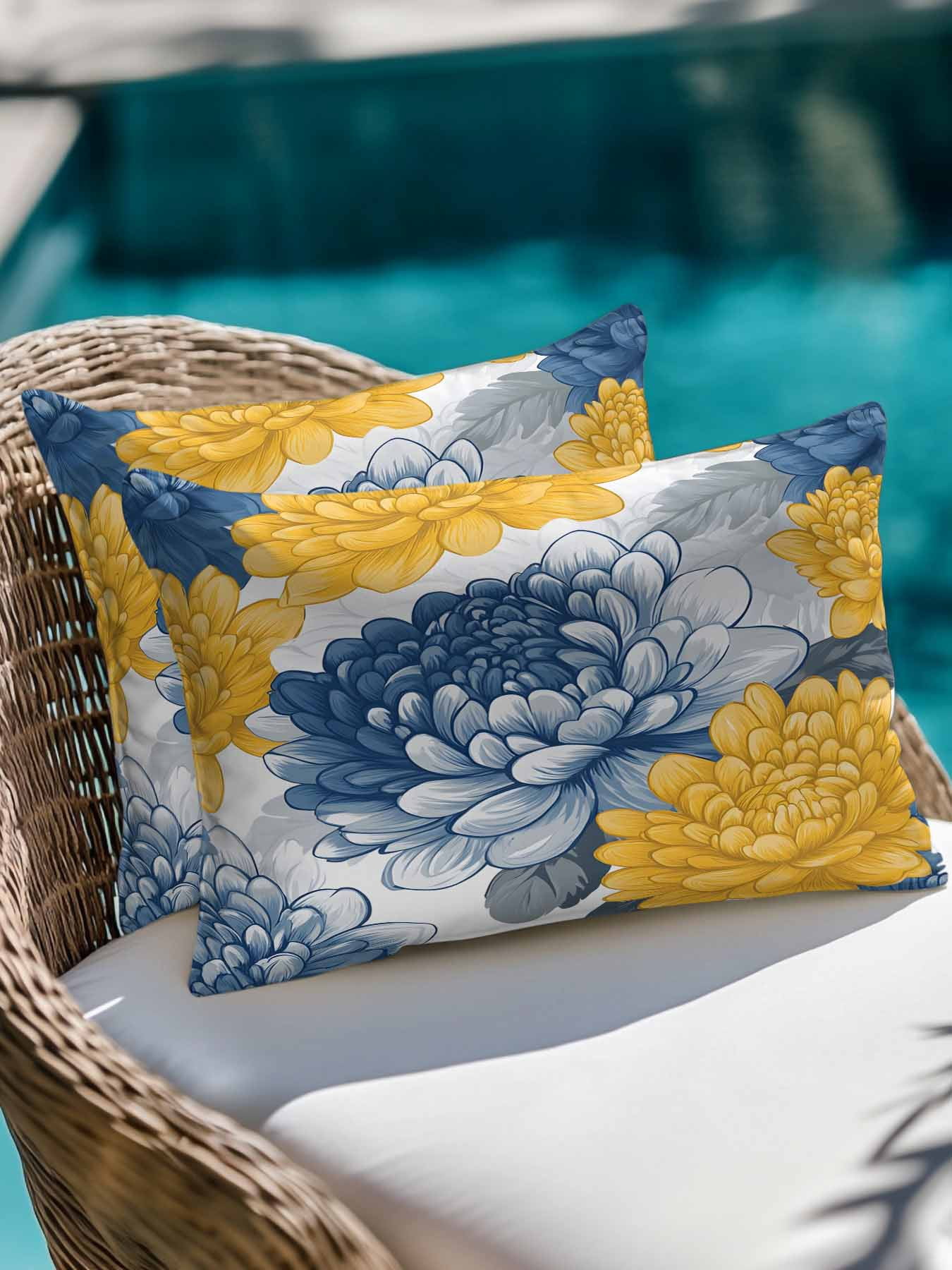 Outdoor Pillows Waterproof, Blue Yellow Spring Floral Bedding Throw Pillows with Insert for Couch Sofa Bed, Summer Botanical Elegant 12x20 Inch Pillowcases Decorative Camping Patio Pillow Set of 1