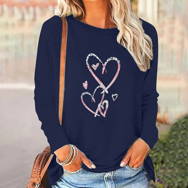 Aqestyerly T-Shirt de la Saint-Valentin pour Femmes à Manches Longues Imprimé, Blouse Décontractée Col Rond Confortable et Légère pour les Vacances