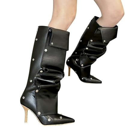 

GHSOHS Womens Mid Calf Boots Punk Fashion Stacked Pleated Leather Stitching Western Boots High Heeled Pointed Toe Knee High Boots
