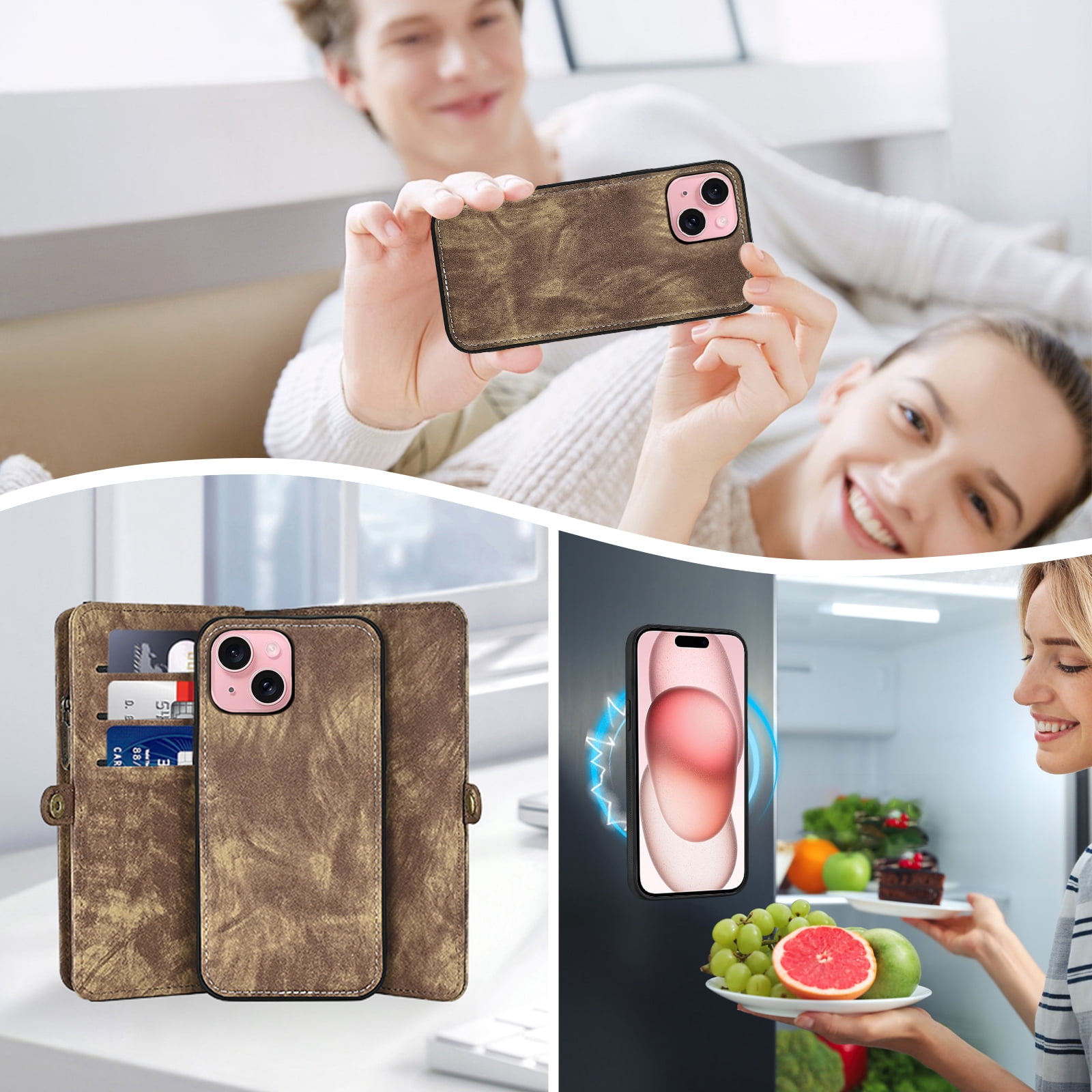 Compatible with iPhone 15 Plus 6.7 inch Phone Case Zipper Wallet Detachable Tempered Glass Screen Protector Lanyard Strap Flip Card Holder Cell Cover for i Phone15 15+ i15 + 15Plus Women Brown