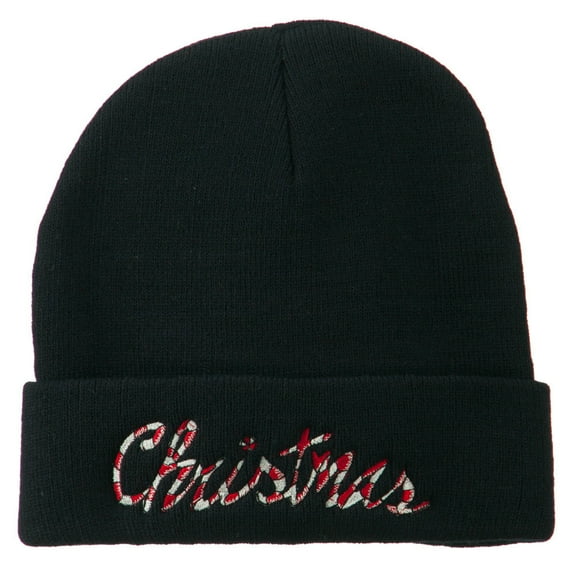 Christmas Embroidered Long Cuff Beanie - Black OSFM
