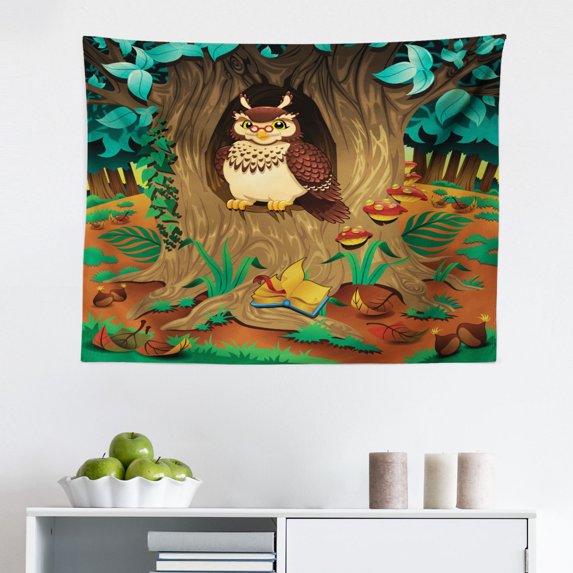 Owl Tapestry, Exhausted Hangover Tired Owl in Oak Tree with Eyebrows Nature Cartoon Funny Art, Fabric Wall Hanging Decor for Bedroom Living Room Dorm, 2 Sizes, Blue Brown, by Ambesonne