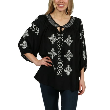 - 24Seven Comfort Apparel Devyn Black Long Sleeve Embroidered Tunic Top