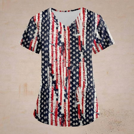 

Sksloeg Scrubs American Star Stripes Pattern Patriotic Top Workwear with Pockets Short Sleeve V-Neck Nursing Working Uniform Dark Blue XL