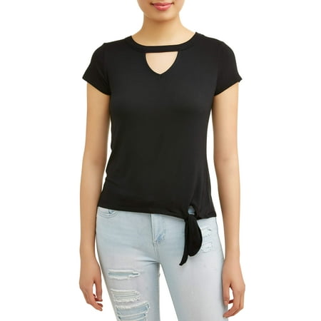 Juniors Tie - Juniors' Cut-Out Neck Side Tie Short Sleeve T-Shirt