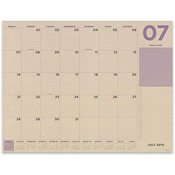 July 2019 - June 2020 Kraft Numeric Large Desk Pad Monthly Calendar
