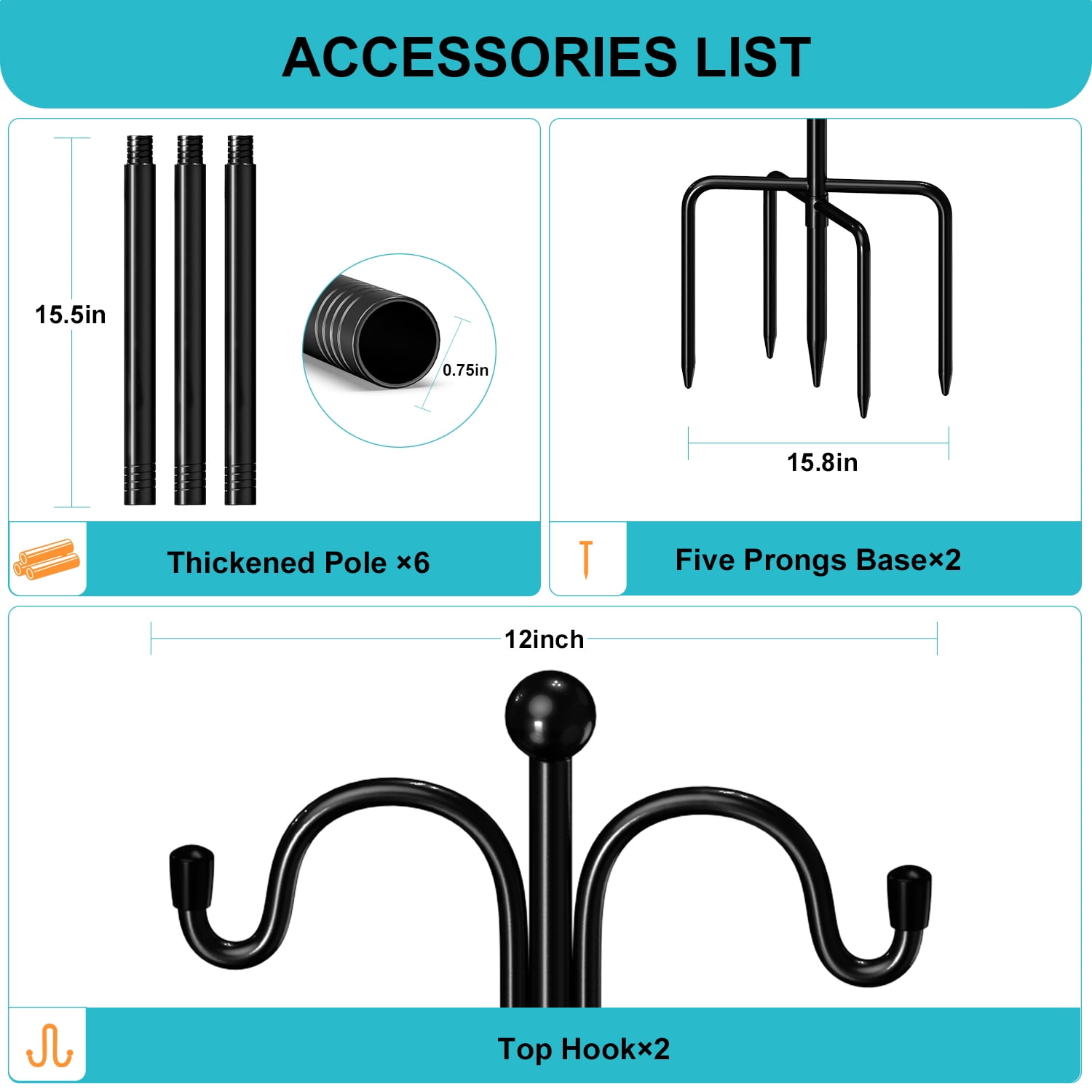 Shepherds Hooks for Outdoor, 2 Pack 76” Double Bird Feeder Poles with 5 Prongs, Adjustable Outdoor Plant Hanger Hooks for Plant Baskets, Lanterns, Wedding Decor