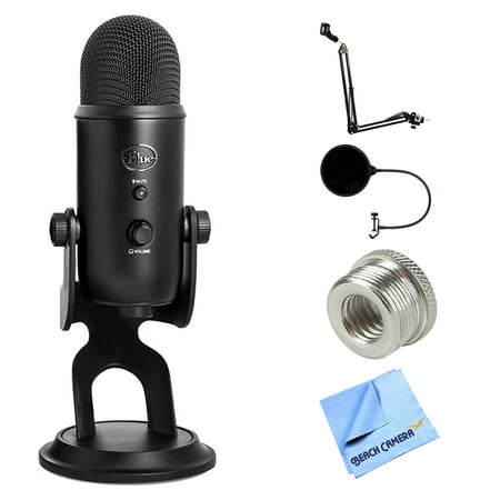 Blue Microphones Yeti Professional USB Desk Microphone - Blackout (BLACKOUTYETI) + Suspension Boom Scissor Arm Stand + Pop Filter Microphone Wind Screen + Mic Stand Adapter + MicroFiber Cloth