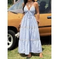 thumbnail image 3 of Womens Blue And White Striped Halter Maxi Dress V-Neck Smocked Waist, 3 of 9