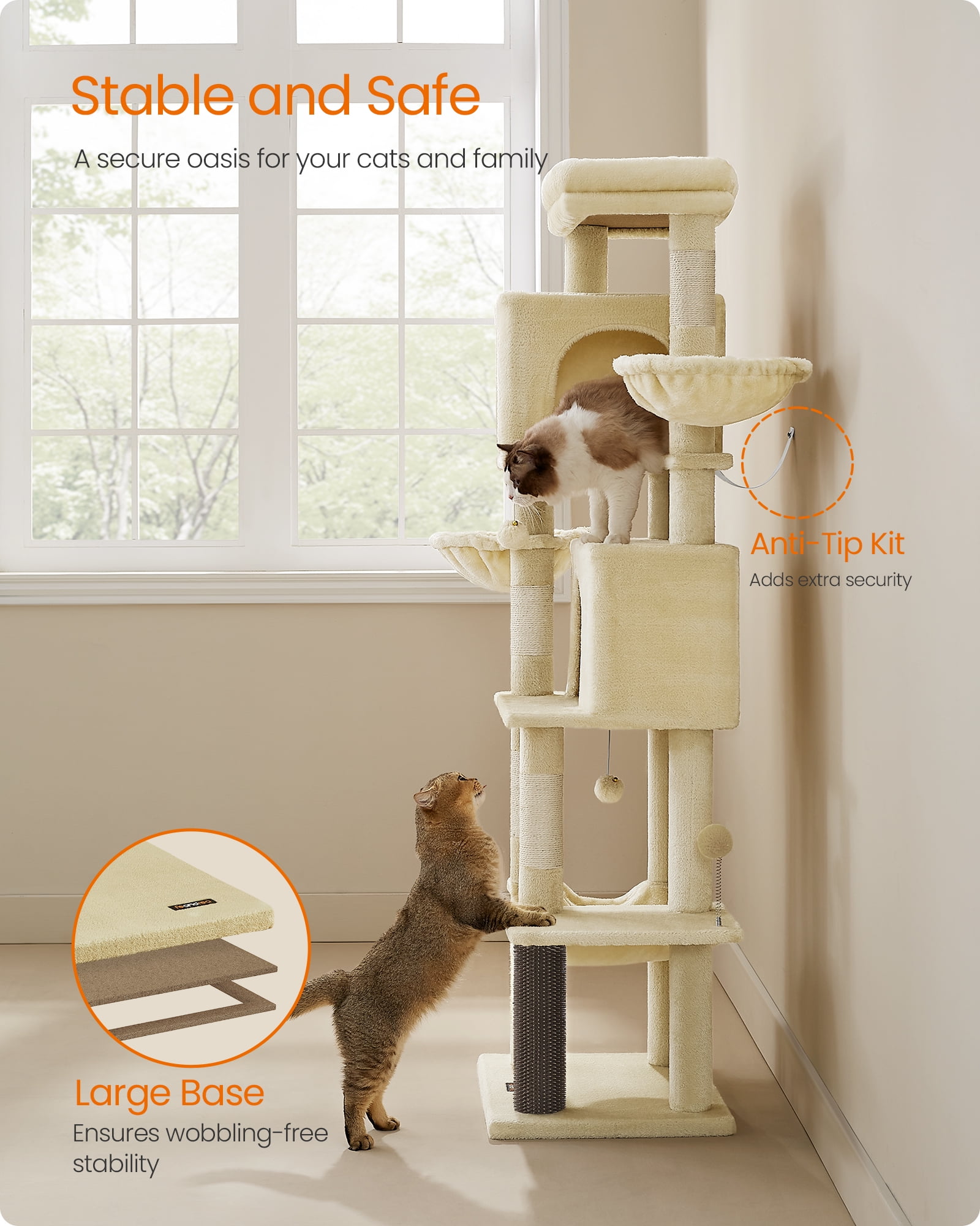 69 Inch Tall Cat Tree Tower for Indoor Cats, Multi-Level Cat Condo with 2 Caves, 2 Baskets, 5 Scratching Posts, Self-Groomer, Perch, and Hammock, Beige