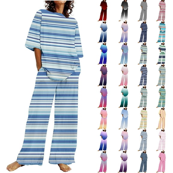BiZtdJrK Women 2 Piece Sets 2025 Trendy Stripe Print Sweatsuit Casual Short Sleeve Pullover Shirts and Wide Leg Pants Lounge Set with Pockets Multicolor M