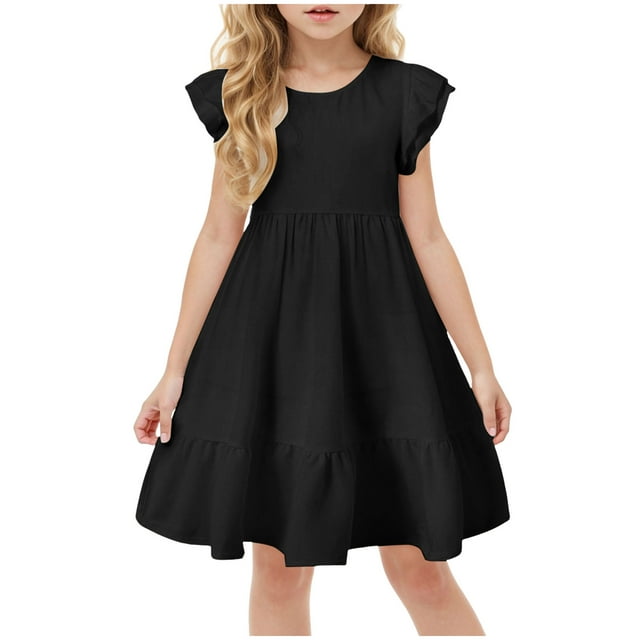 Ketyyh-chn99 Robe pour Filles Robes pour Filles Robe d'Été pour Enfants à Manches à Volants à Double Couche Taille pour 11-12 Ans,Noir