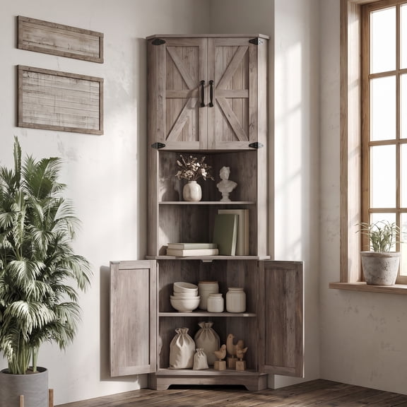 Vabches 69" Tall Corner Cabinet with Adjustable Shelves, Farmhouse Storage Cabinet with 4 Barn Doors, Corner Storage Cabinet for Bathroom, Living Room, Kitchen