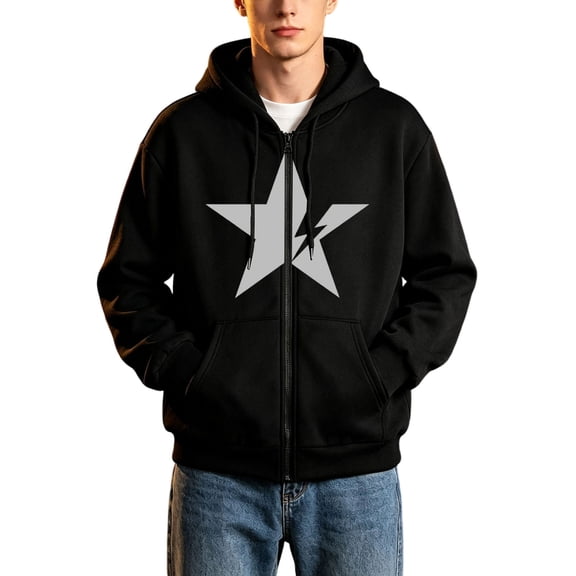 Men's Zip Up Hoodie, Star Graphic Fleece Full Zip Sweatshirt, Casual Streetwear Top for Fall Winter Daily Wear