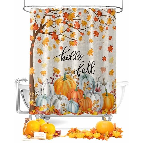 Hello Fall Shower Curtain Set ，Waterproof Fabric Shower Curtains Thanksgiving Orange White Pumpkin Shower Curtains for Bathroom,Bathroom Decor 66"x72"