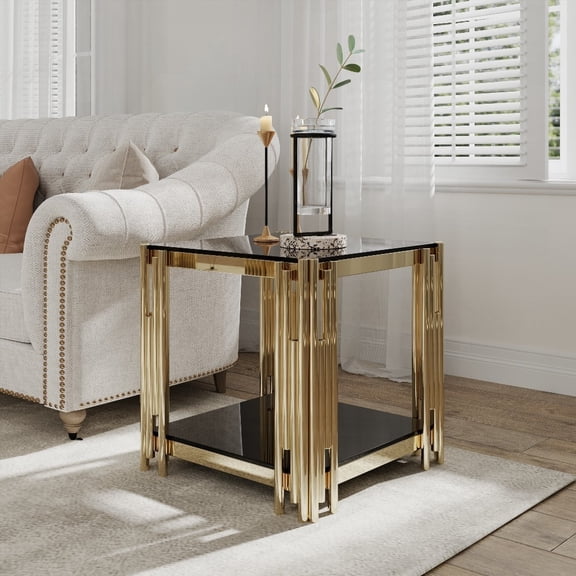 20" Wide Golden Stainless Steel End Table with Black Glass Top for Living Room & Bedroom, Modern Glam Style