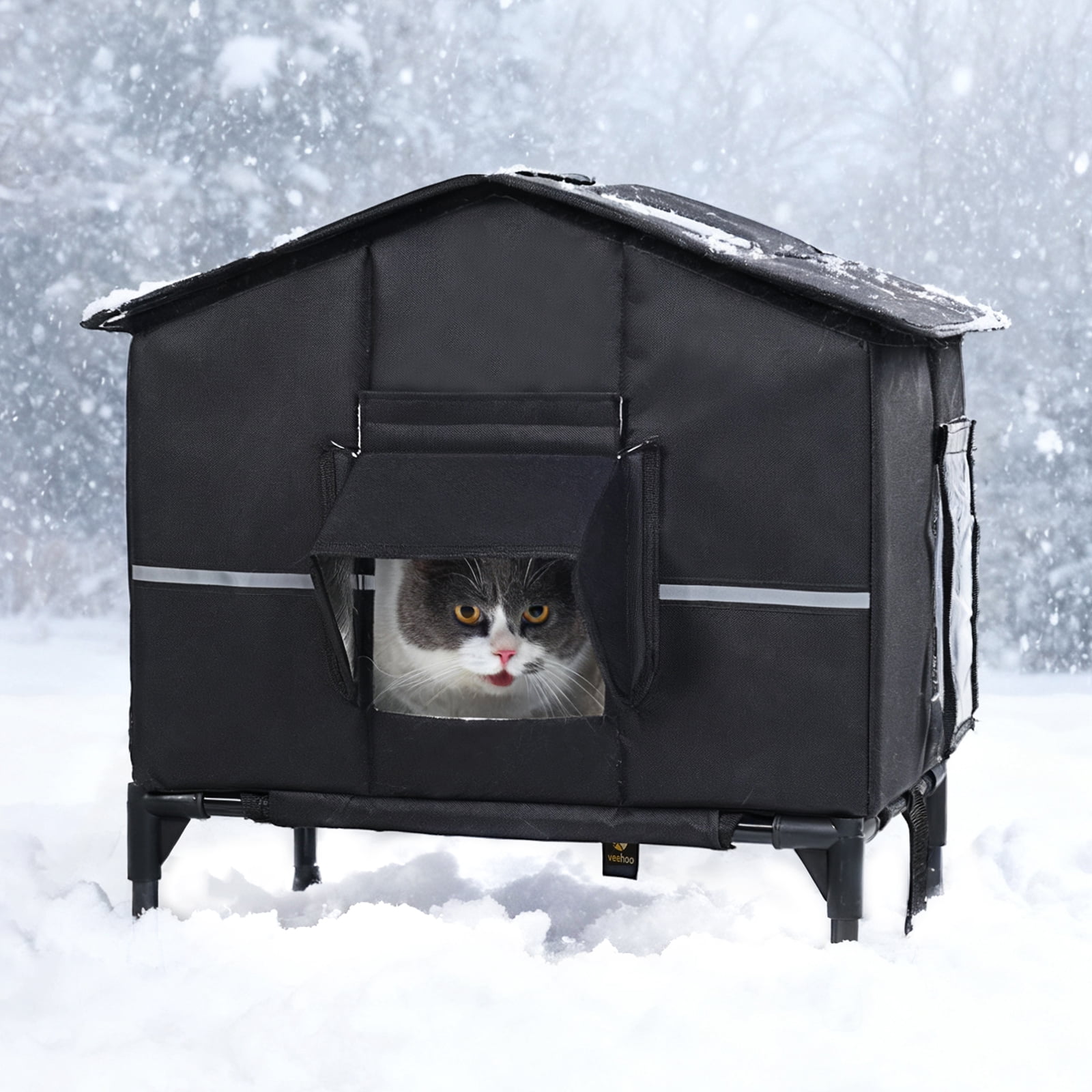 Veehoo Outdoor Cat House Weatherproof, Outside Insulated Feral Cat Shelter with Elevated Base, Waterproof Eaves & Escape Door for Stray Barn Cats, 25.6"x16.5"x22.4"