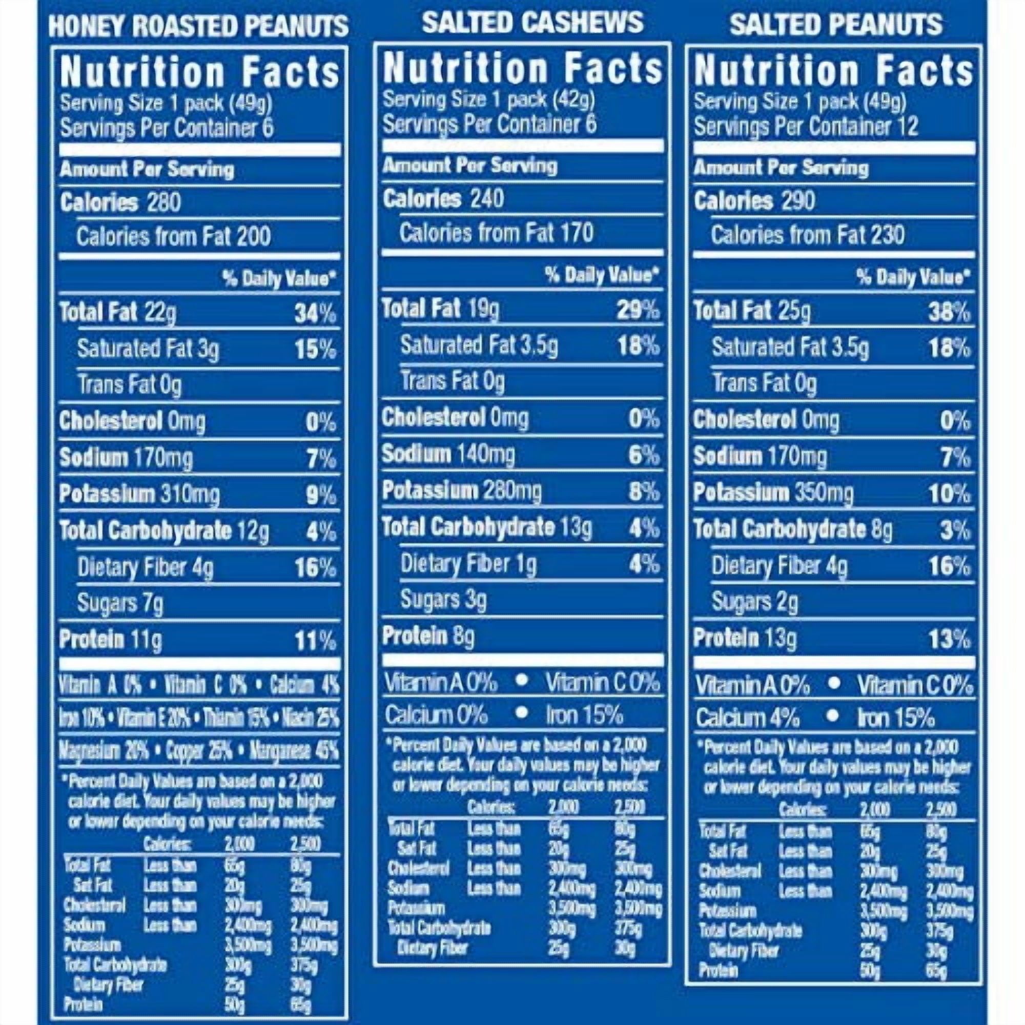 PLANTERS Variety Packs (Salted Cashews, Salted Peanuts & Honey Roasted Peanuts), 24 Packs - Individual Bags of On-the-Go Nut Snacks - No Cholesterol or Trans Fats - Source of Fiber and Healthy Fats