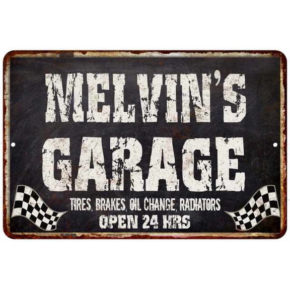 MELVIN'S Garage Black Grunge Sign 8 x 12 High Gloss Metal 208120005326