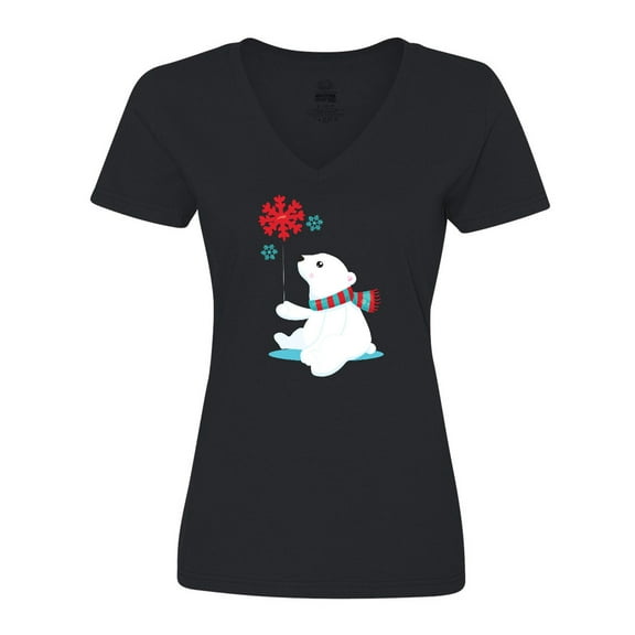Inktastic Polar Bear With A Scarf, White Bear, Snowflakes Women's V-Neck T-Shirt