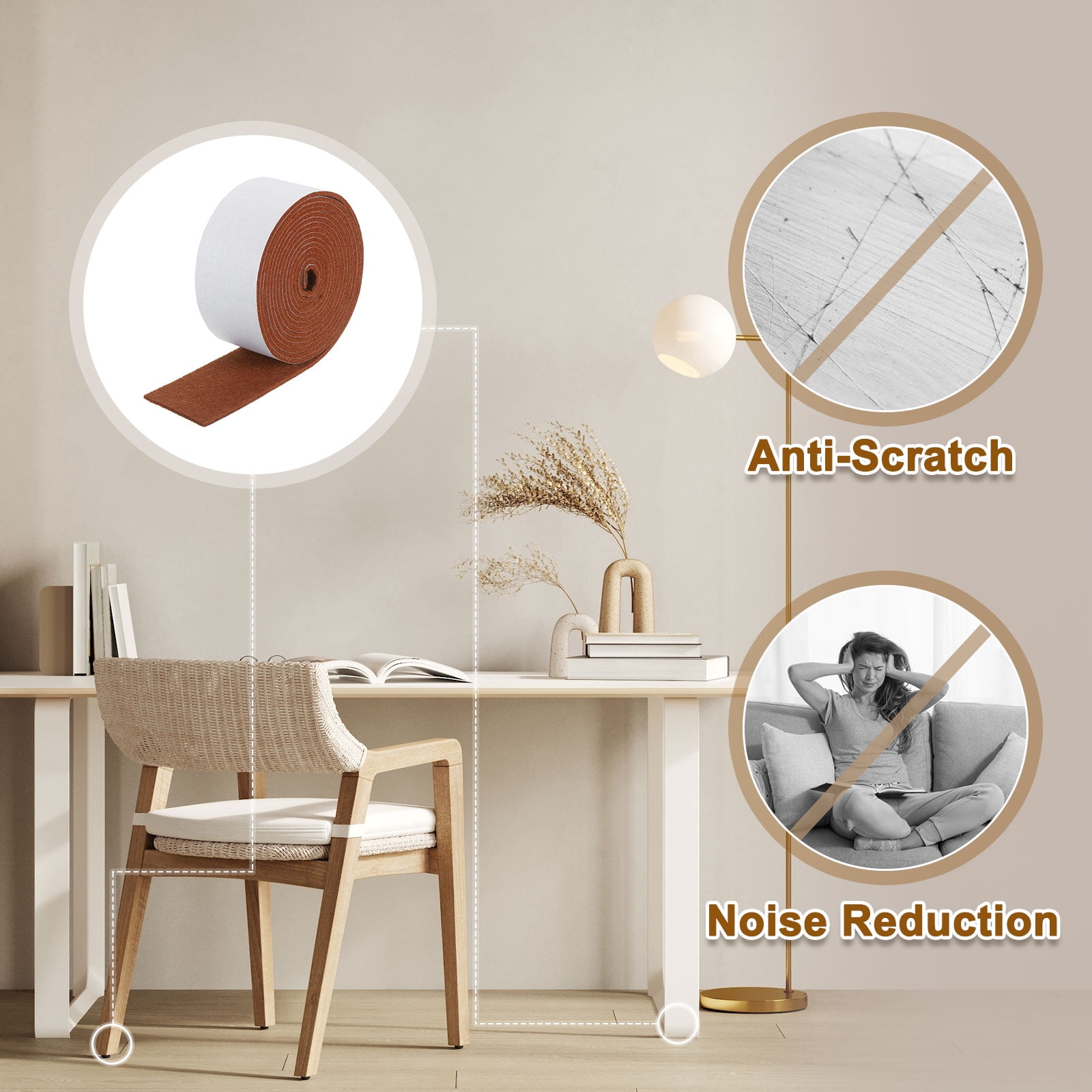 Felt Strips with Adhesive Backing, 2 Pack 2" x 120" x 0.12" Adhesive Felt Strips Anti Scratch Furniture Felt Tapes Self-Stick Felt Pads for Protecting Hardwood Floor, Brown